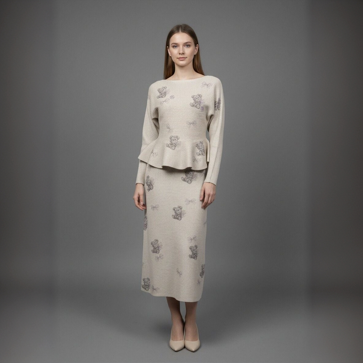 TCH-时尚潮牌梦幻小熊卡其色针织裙子套装T75D07E1135