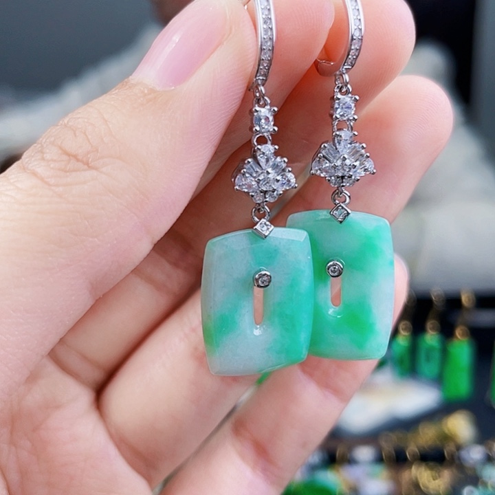 翡翠耳饰银S925镶嵌饰品