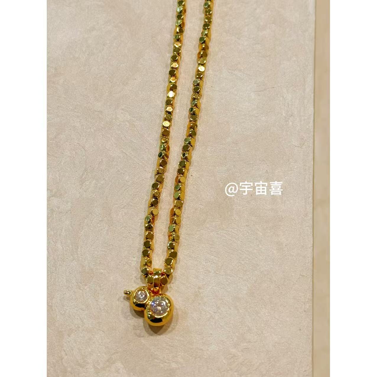 铜合金项链 I3-010【金色切面方块串珠万能卡扣白锆葫芦项链】