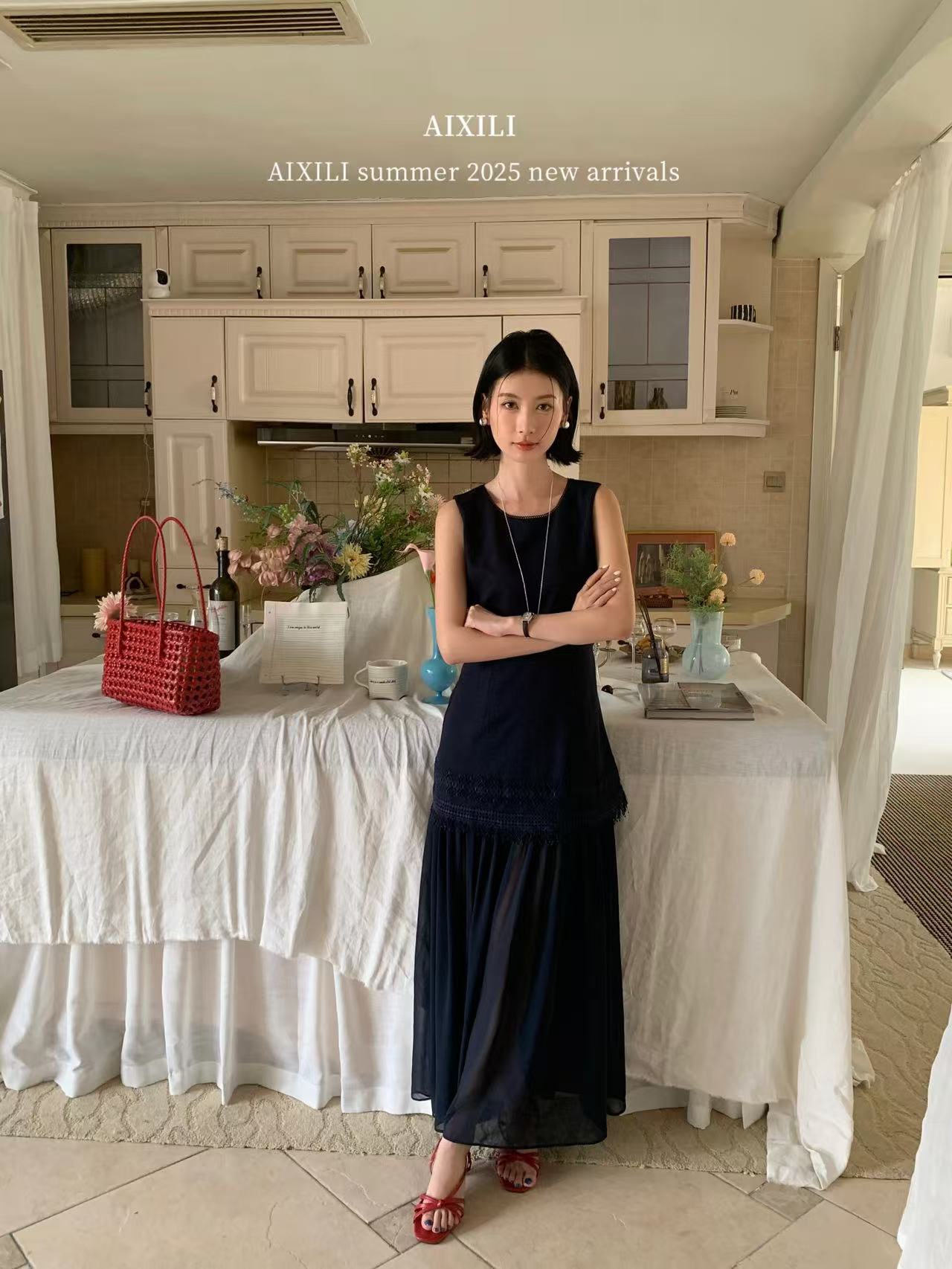 4282号13827#韩系假两件拼接显瘦固定腰带背心裙（无里衬）