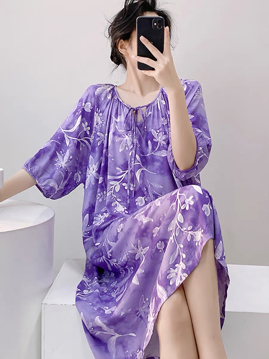 大码棉绸夏季短袖睡衣家居服夏天睡裙中长款女士度假风宽松纯棉
