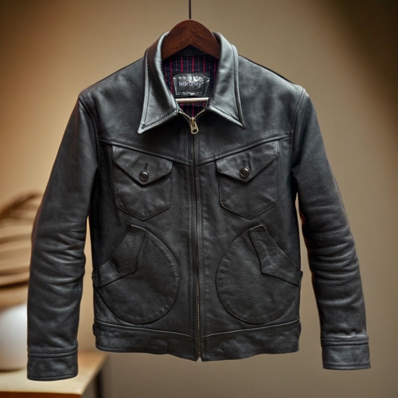 透染做旧重水洗门多萨茶芯牛皮男士翻领真皮皮衣夹克短款修身外套