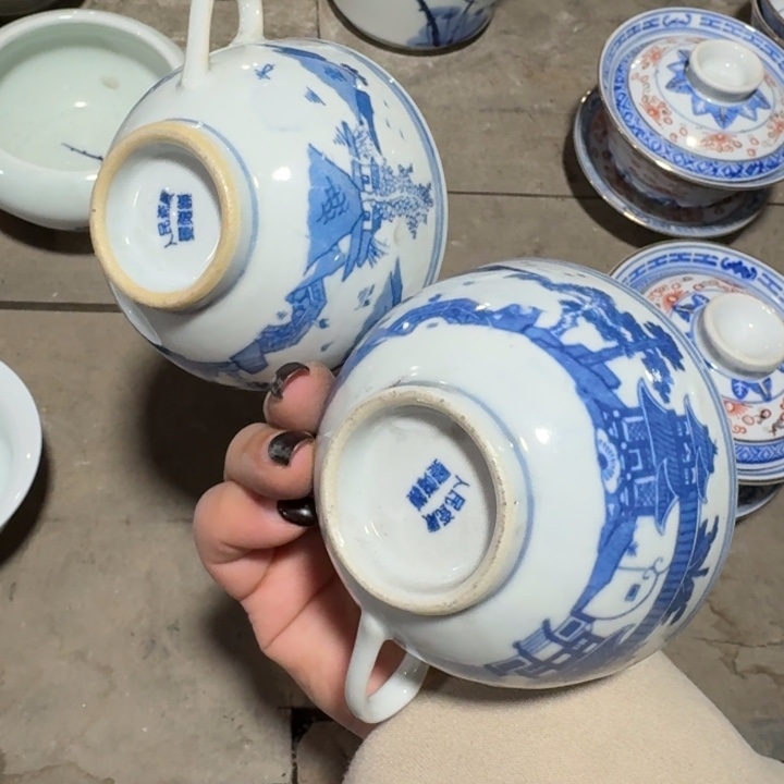 摆件一对青花梧桐咖啡杯