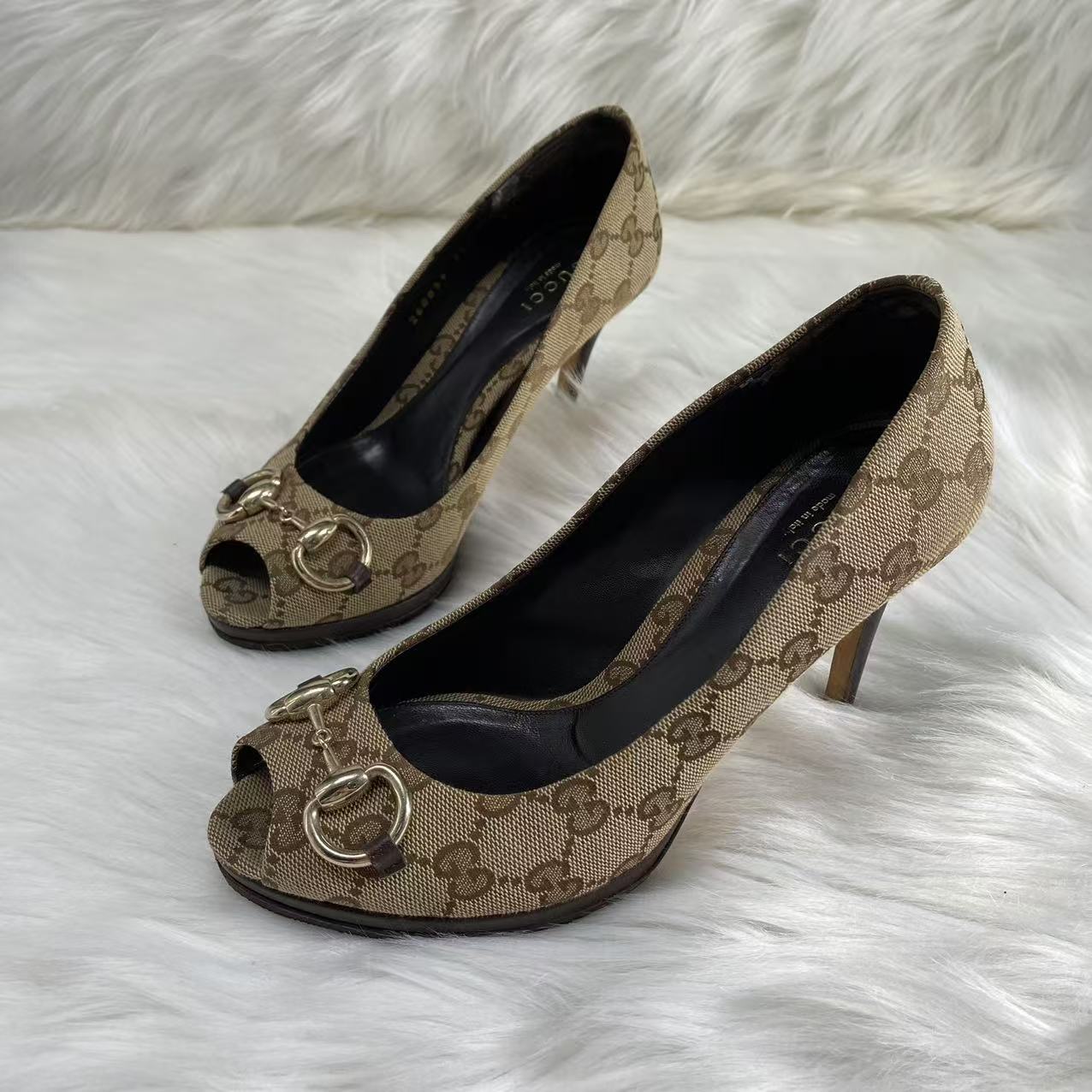 95新 GUCCI/古驰 36.5码/无配件/棕色印花满印鱼嘴高跟鞋 wsp174 