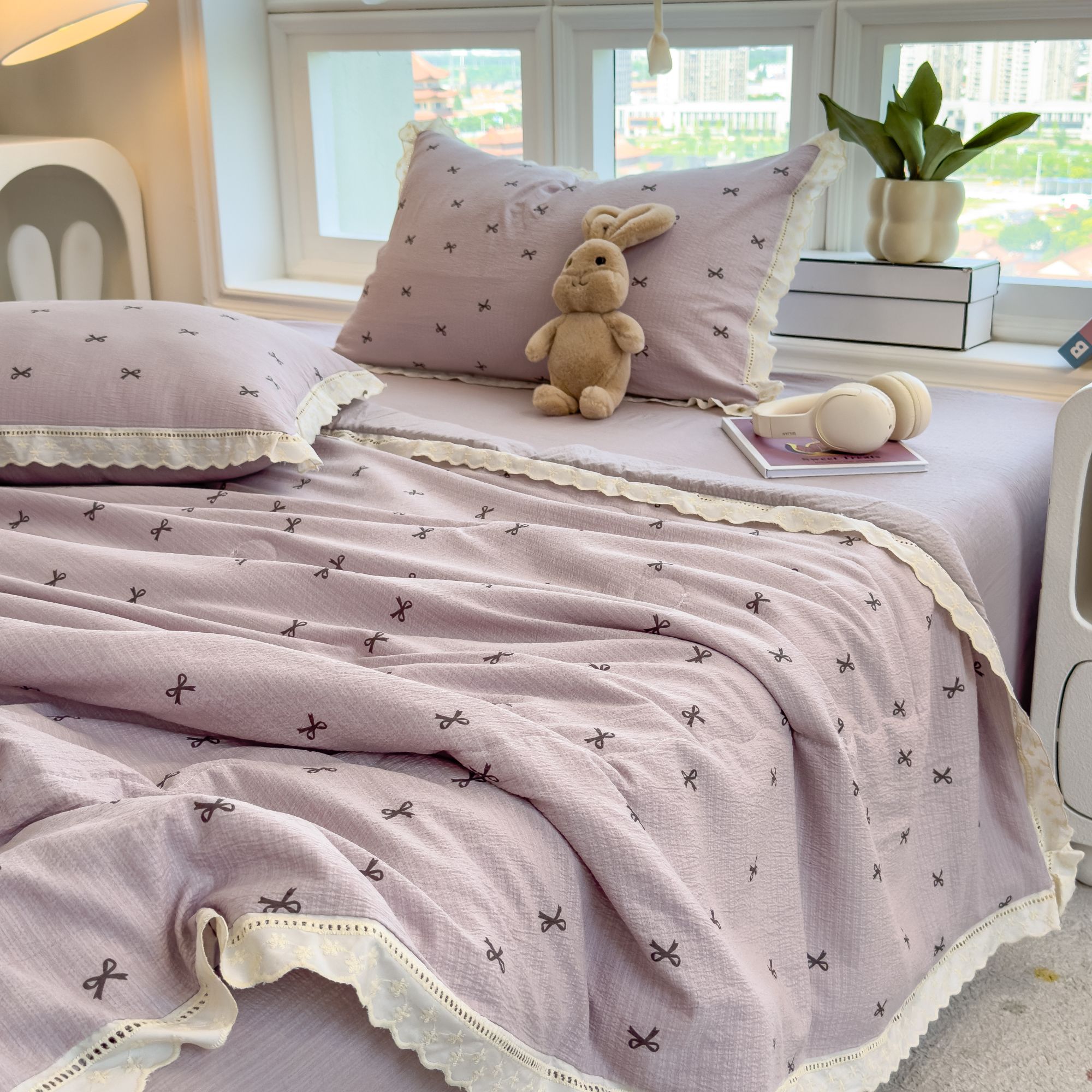 【紫霁夏被花边四件套】200*230四季双层纱柔软透气空调被四件套