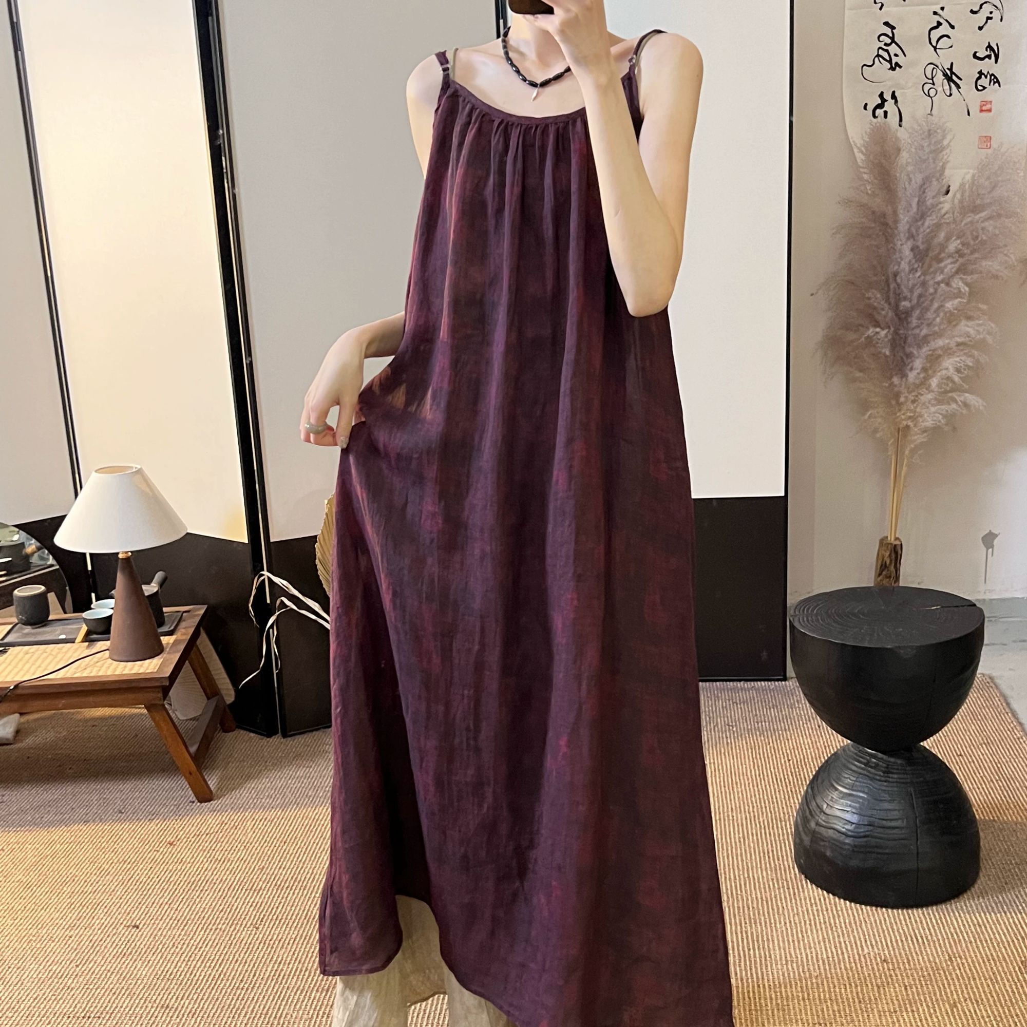 新款小众晕染无袖裙舒适苎麻长款吊带连衣裙