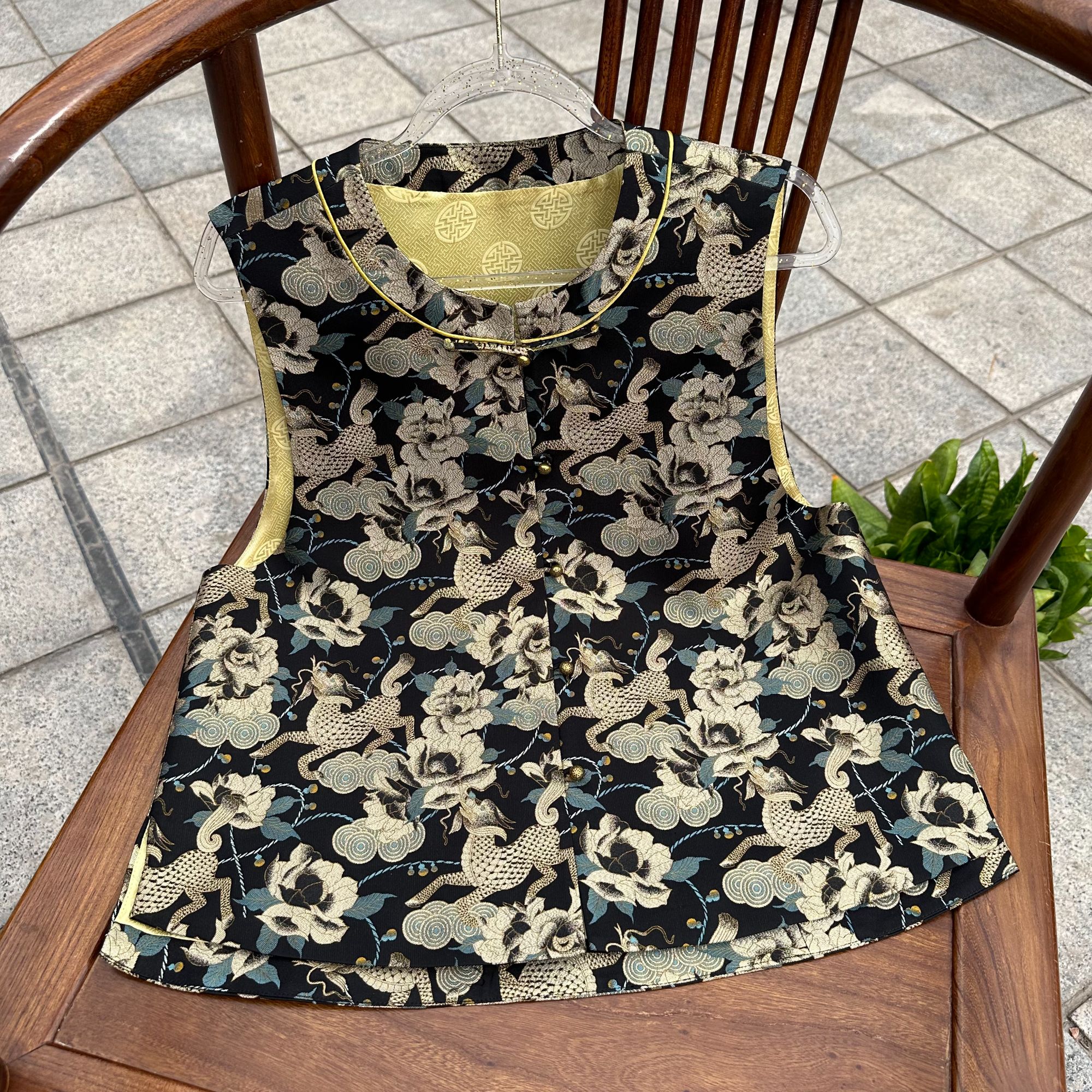 【现货实拍】陆美英麒麟牡丹满分桑蚕丝宋锦马甲春秋时尚百搭