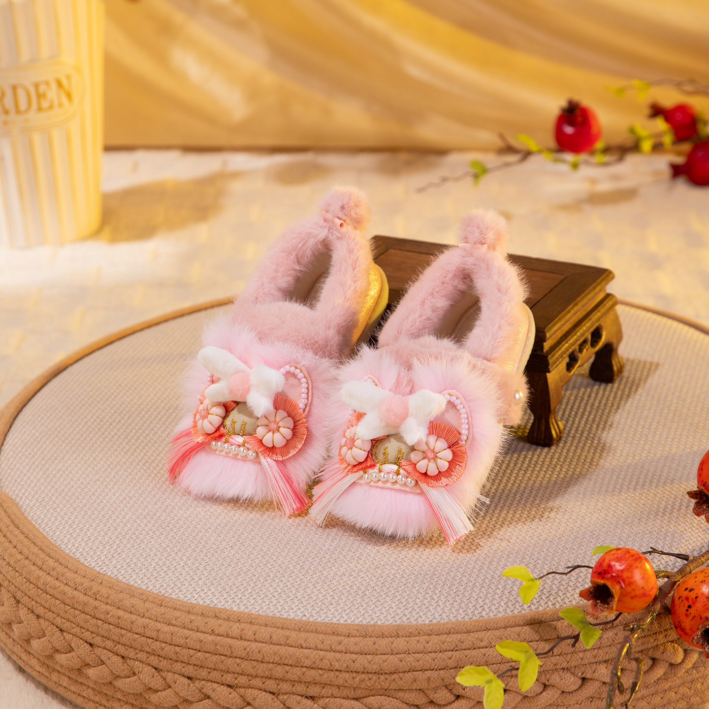 秋冬女童毛毛鞋子儿童棉鞋粉色虎头鞋百搭卡通动漫透气时尚民族风