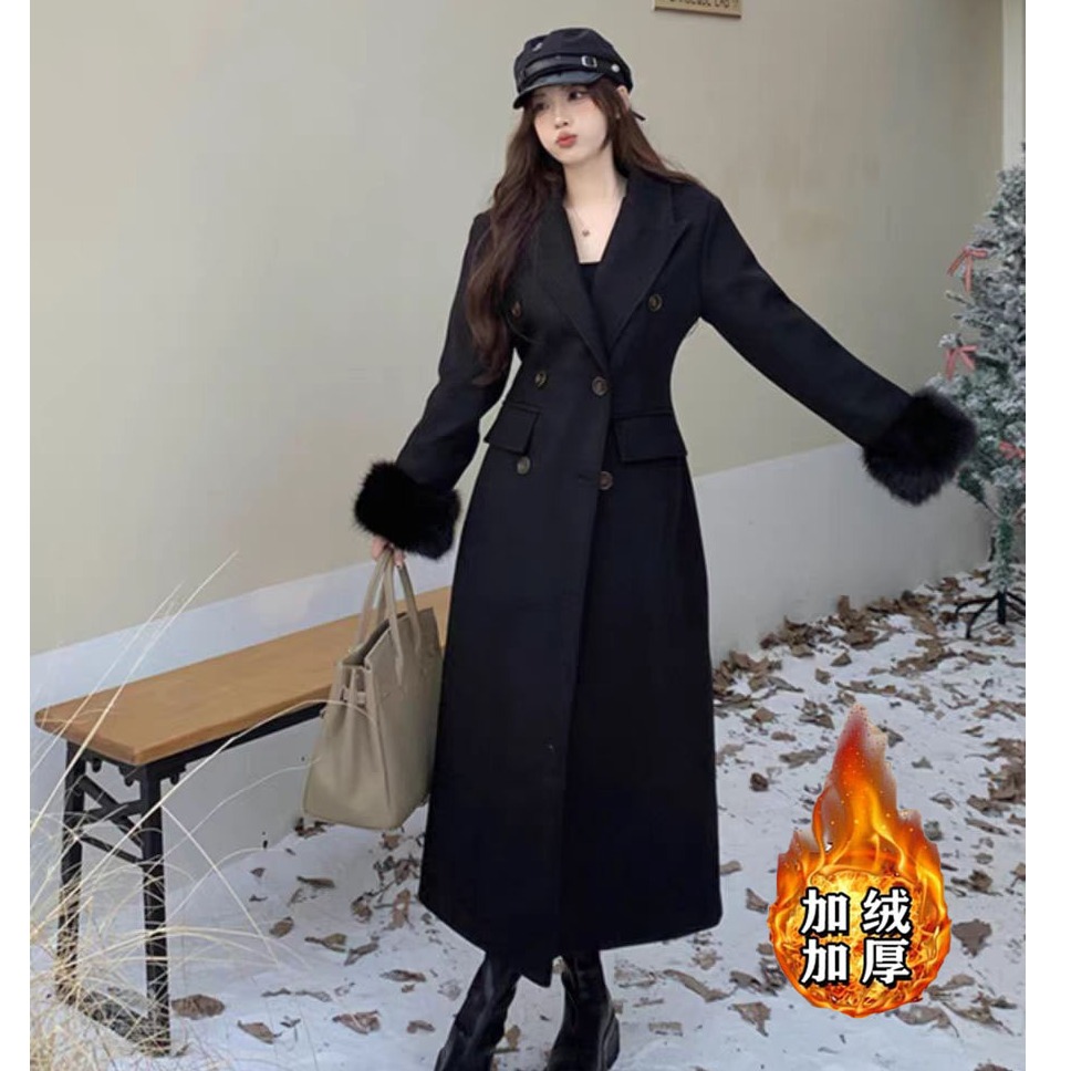 黑色毛毛拼接中长款毛呢外套女秋冬季高级感收腰加厚呢子大衣1674