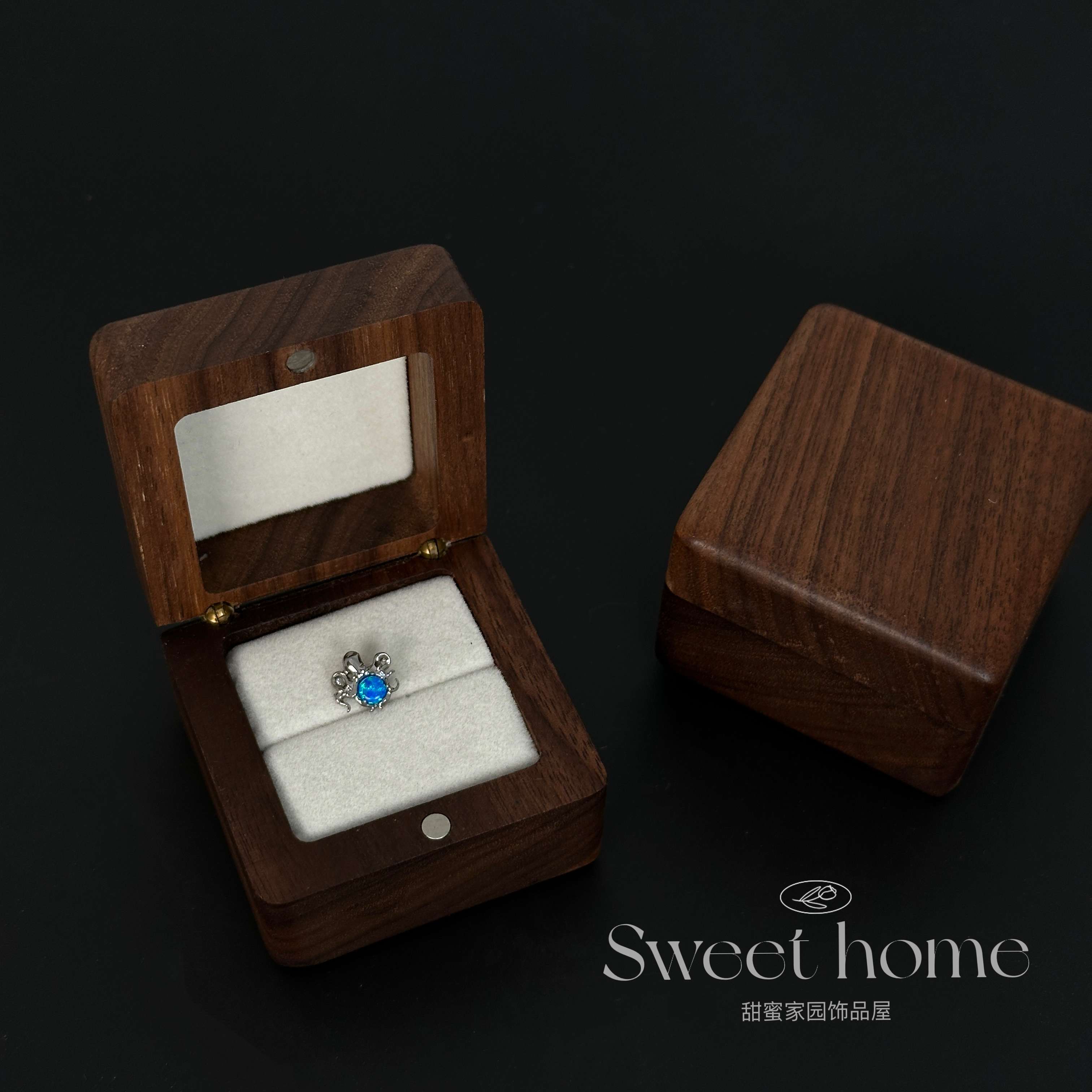 合金耳饰 「高奢黑胡桃木饰品收纳盒」小众高级拍照耳钉彩色蓝色