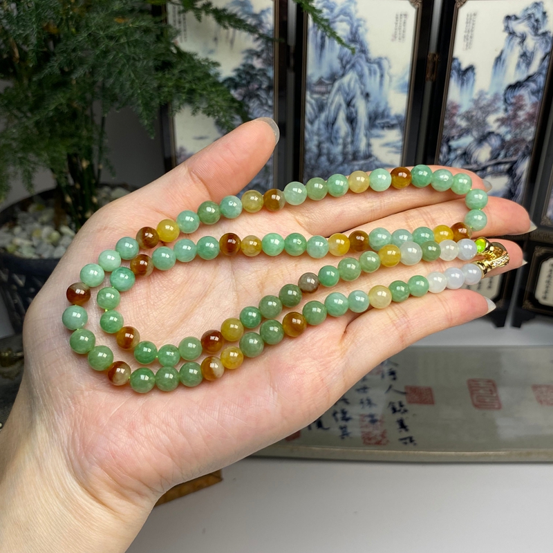 老种红绿三彩圆珠项链手链 天然翡翠A货  