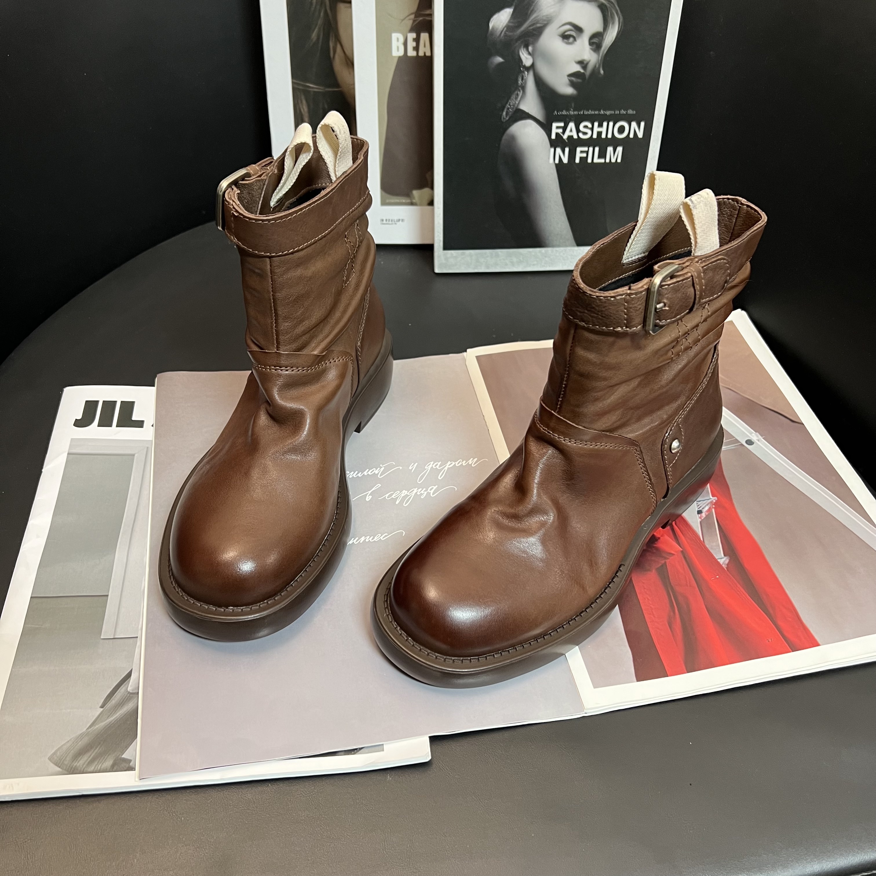 陈老板-牛皮3公分/复古高奢水洗圆头短靴女鞋百搭秋冬靴子89229