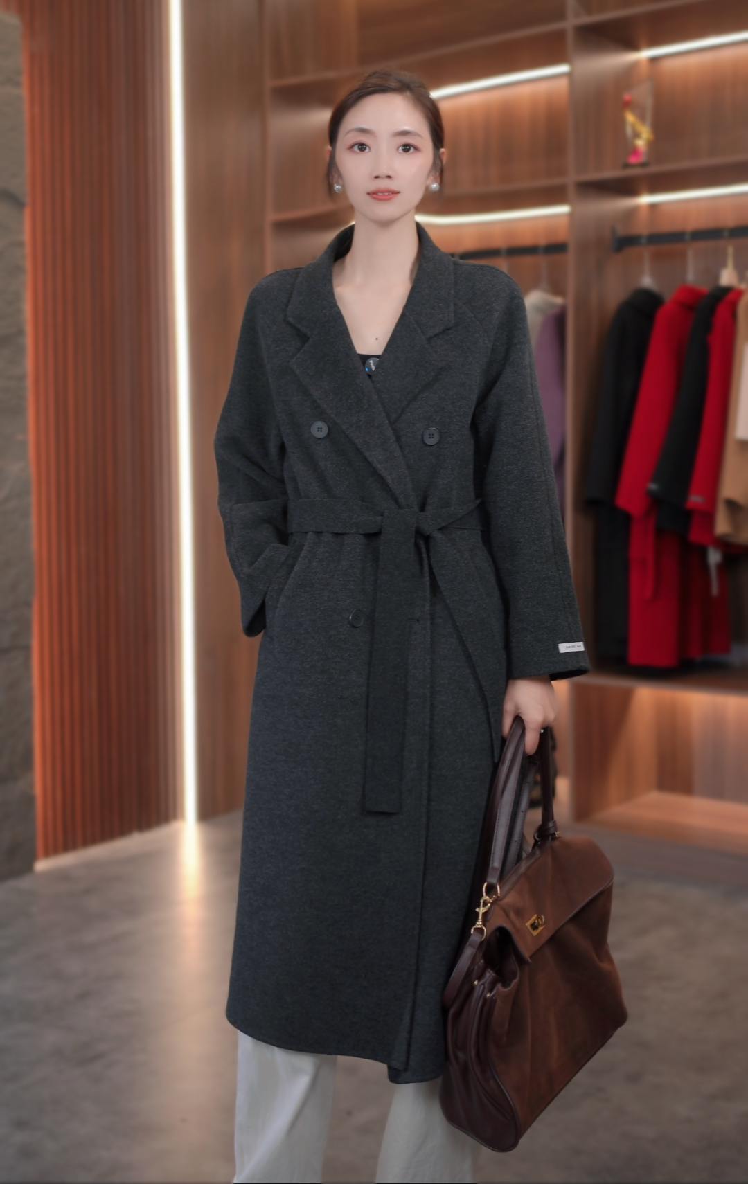 羊毛大衣2025秋冬新款时尚气质中长款百搭双面羊毛大衣宽松25003