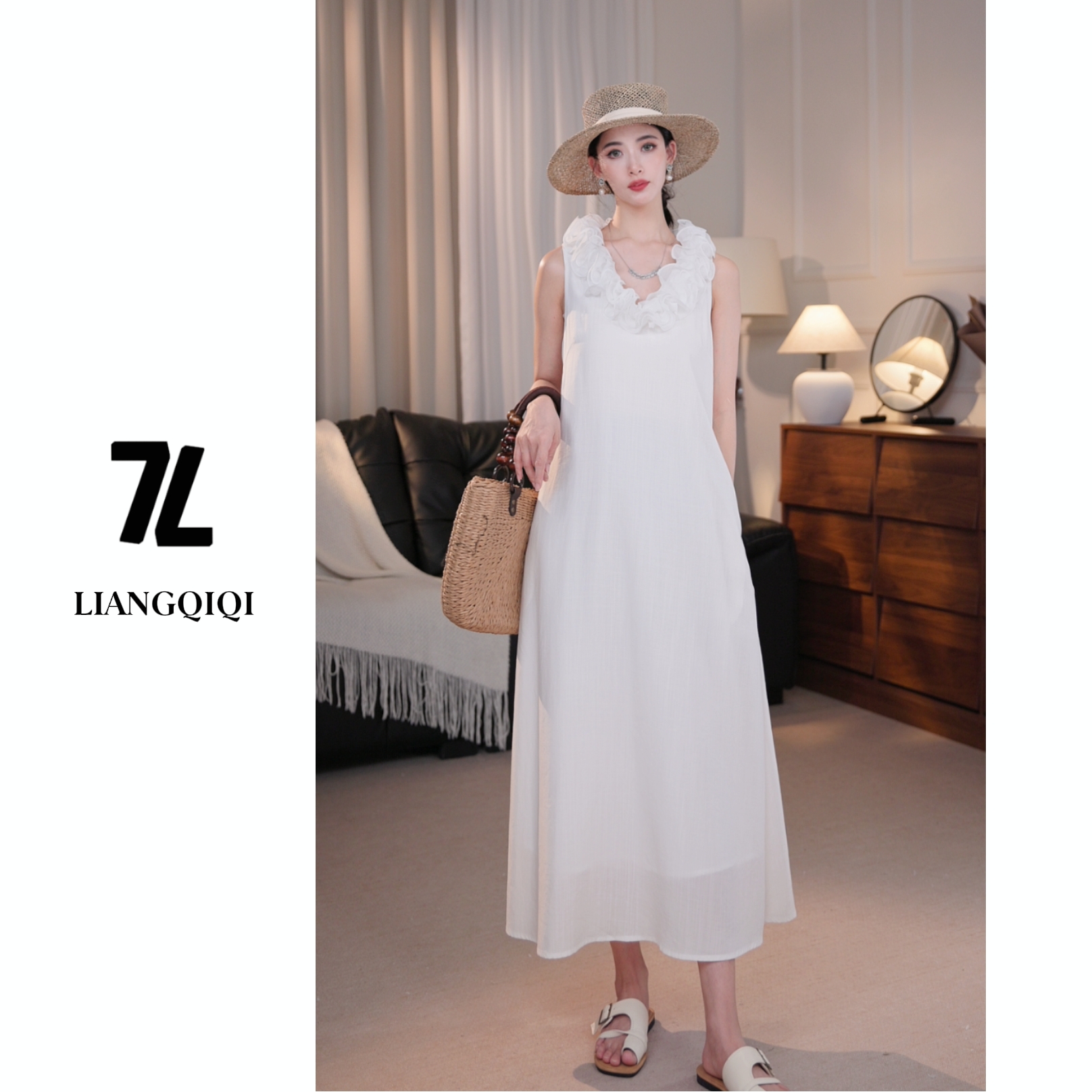 【蔷薇】亚麻夏季法式连衣裙蕾丝无袖时尚礼服2604