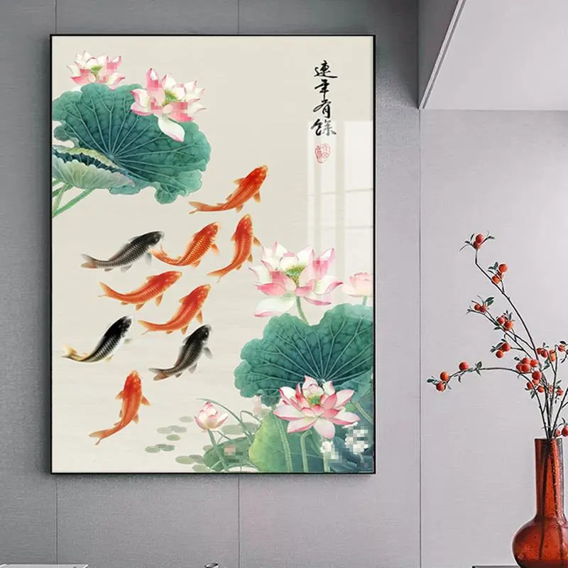 新中式荷花九鱼图玄关装饰画莲花荷叶客厅沙发背景九鲤鱼晶瓷挂画