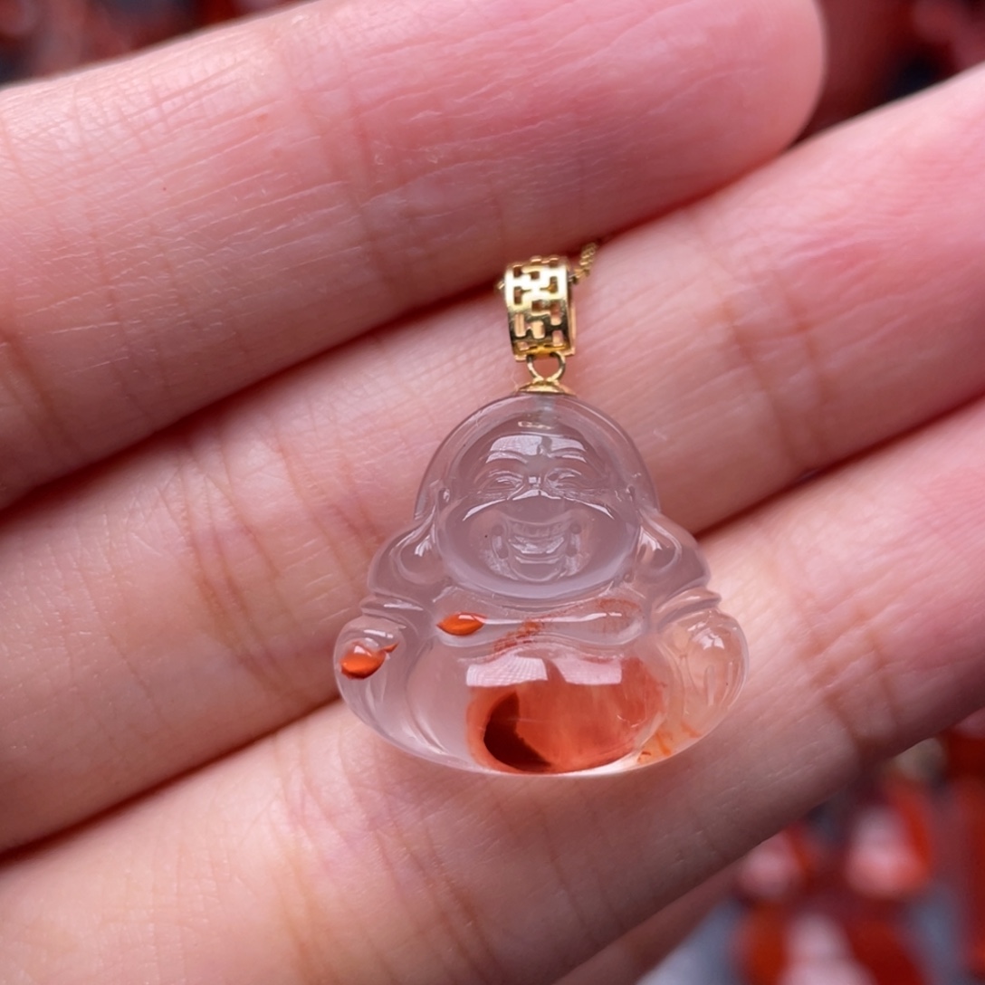 南红玛瑙18K金镶嵌珠宝奇石佛公吊坠