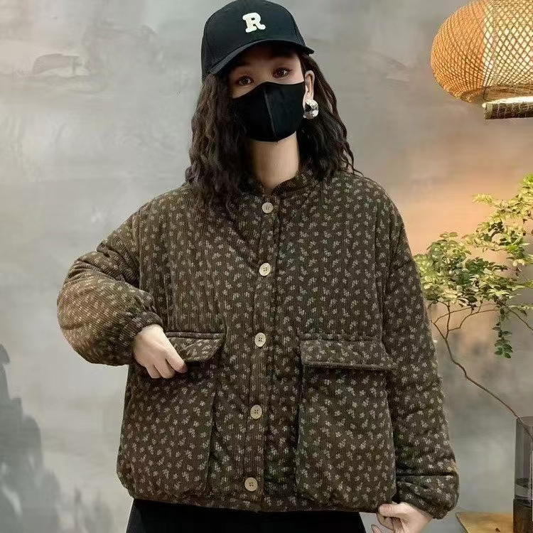 收口袖碎花长袖保暖短款棉衣棉服外套加绒棉袄宽松