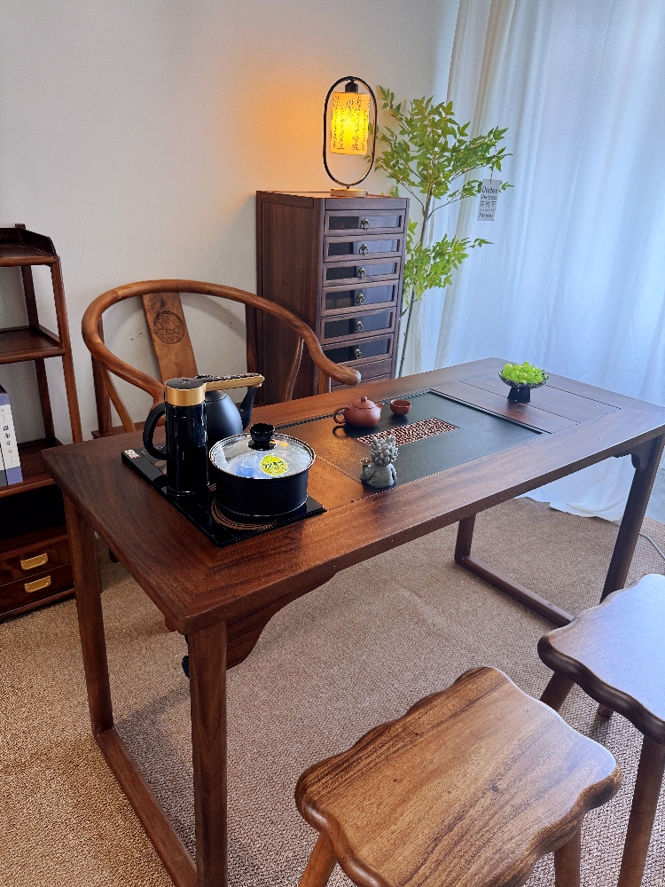胡桃木阳台茶桌椅办公室简约家用小户型实木茶桌整套烧水壶一体湿