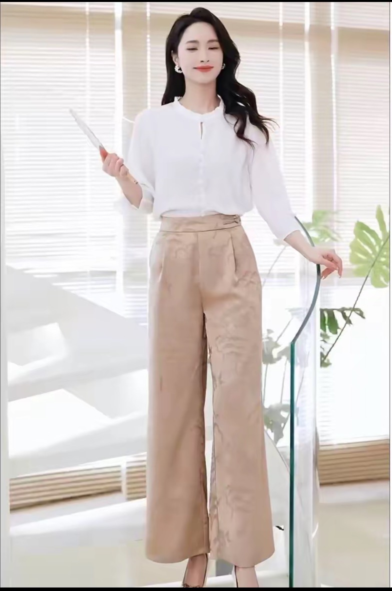 598新中式国风缎面提花休闲直筒裤