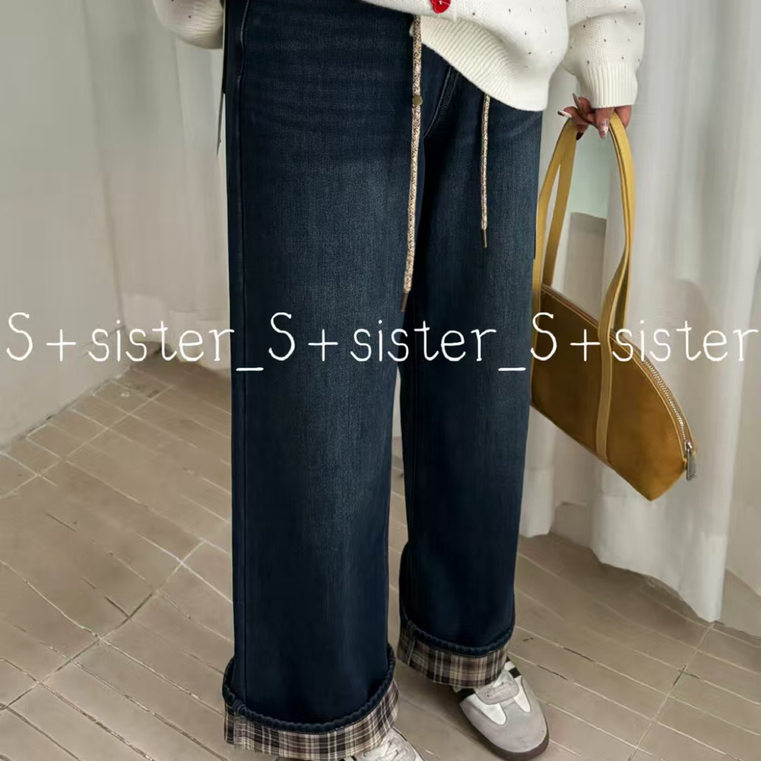 S+sister  W2352复古蓝加绒加厚高腰显瘦直筒牛仔裤裤长102左右