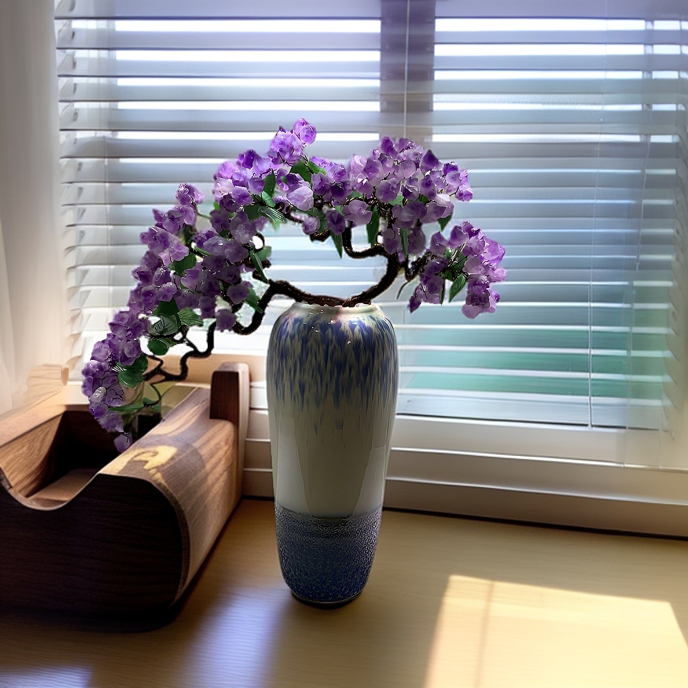 【轻奢高品】天然紫水晶招财树摆件陶瓷花瓶乔迁办公家居精装饰品