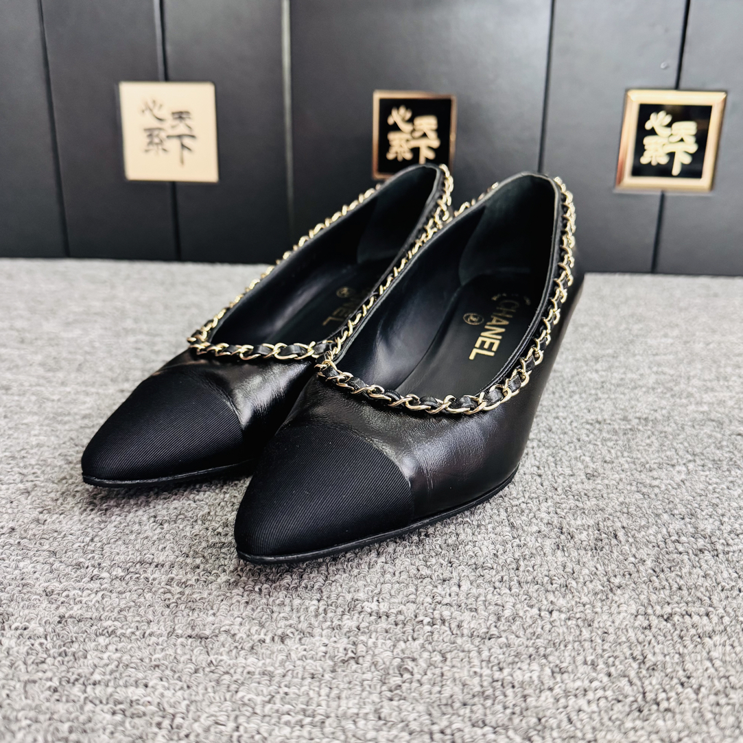 95新 Chanel/香奈儿 帆布皮穿链平底鞋36.5码ysc3265