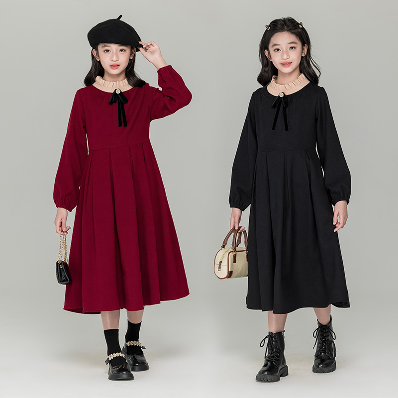 女童红色加绒连衣裙2025新款中大童新年收腰百褶裙女孩气质长裙子