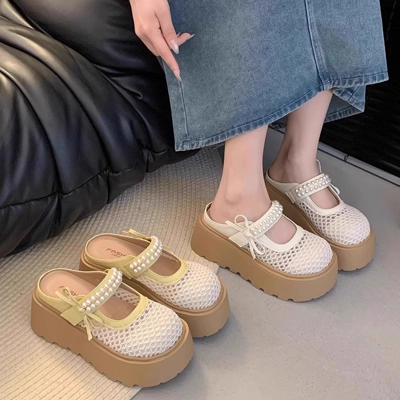 7cm厚底玛丽珍凉拖鞋女外穿2025新款小个子增高编织网纱包头凉鞋