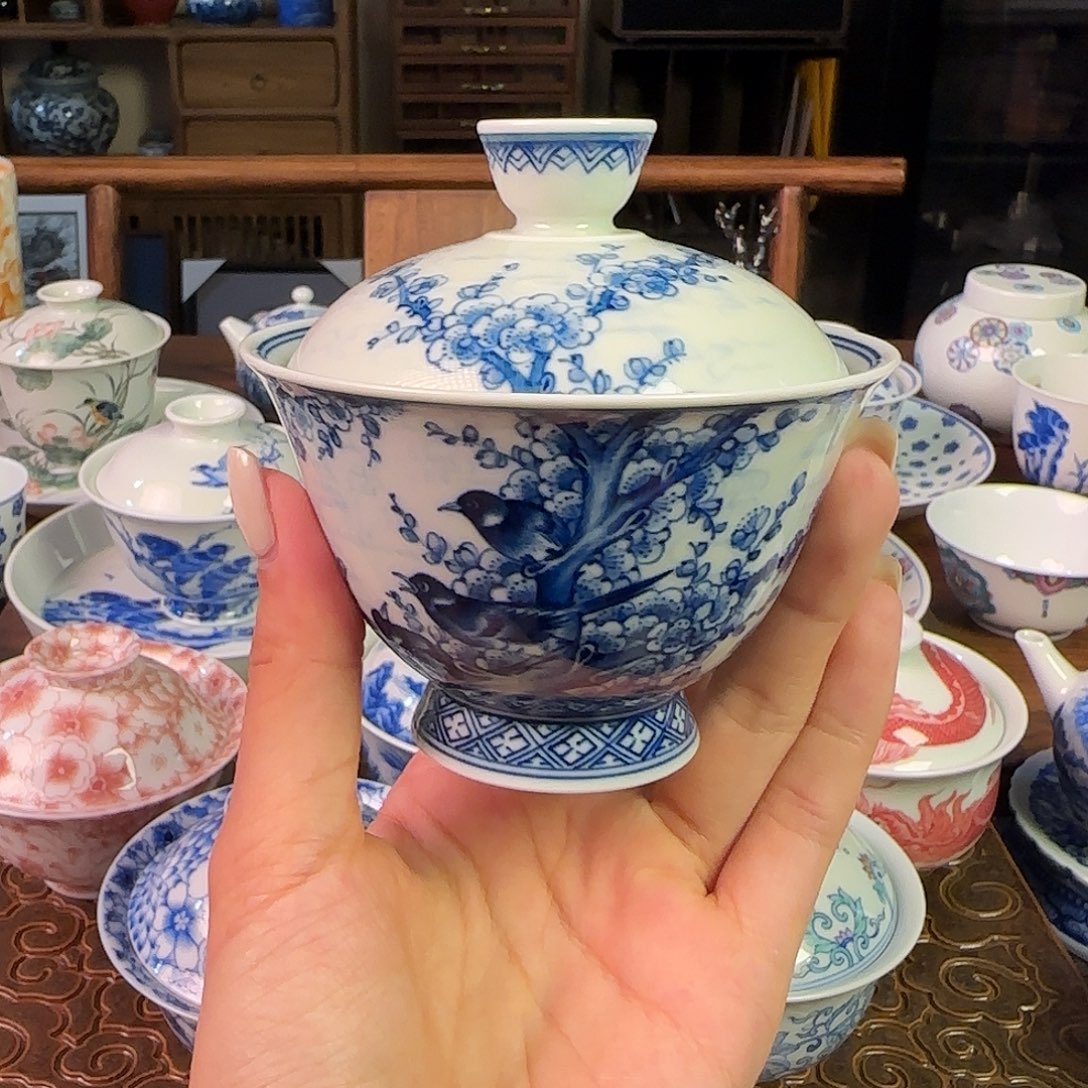 重工花鸟盖碗名窑口放漏