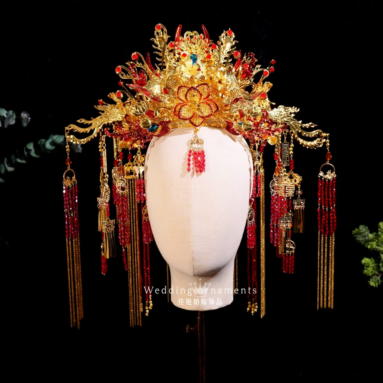 9006红金色大凤冠传统中式婚礼头饰长流苏发冠整圈冠汉服龙凤褂