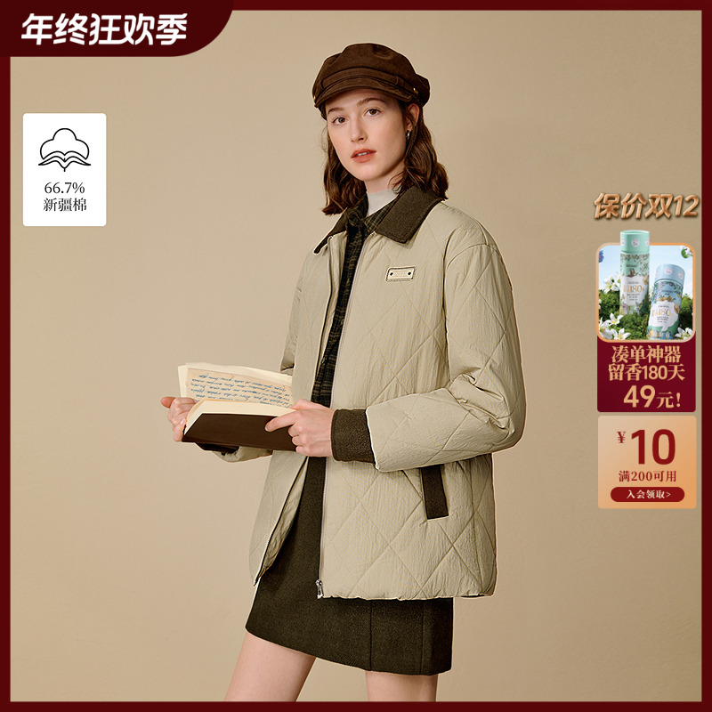 【年终狂欢购】茵曼25冬季复古巴恩风撞色菱格棉服宽松百搭短款外套