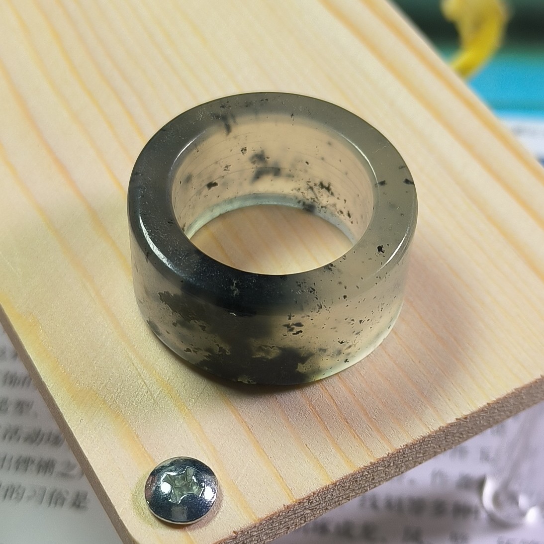 天然岫玉精品高冰水墨丹青俏色玉扳指男士22+圈口