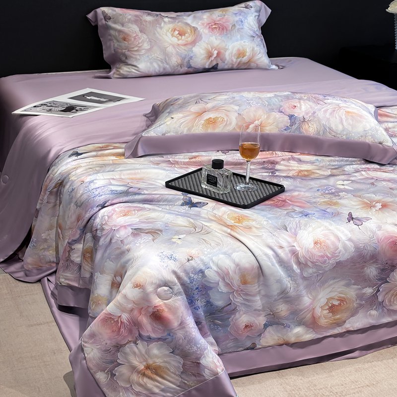 【春野】粉紫色夏凉被四件套可机洗裸睡凉感空调被子数码印花夏被