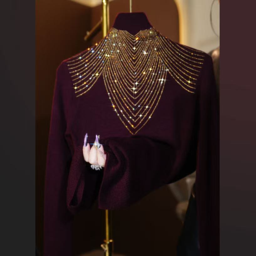 197-天天2025新款百搭减龄高领烫钻重工气质时尚打底衫