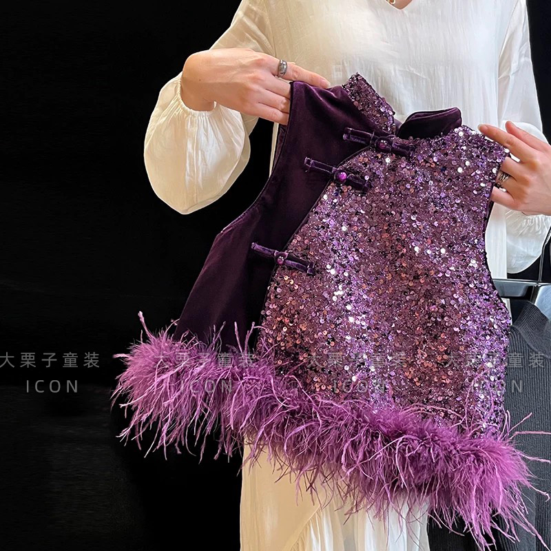 女童中国风冬季款过年服紫色亮片加绒背心加厚丝绒裤复古套装