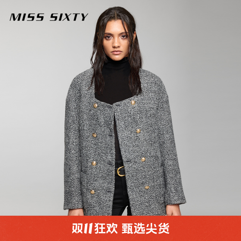 【陈嘉尔专属】Miss Sixty秋新款呢料外套女方领双排扣气质高级5399