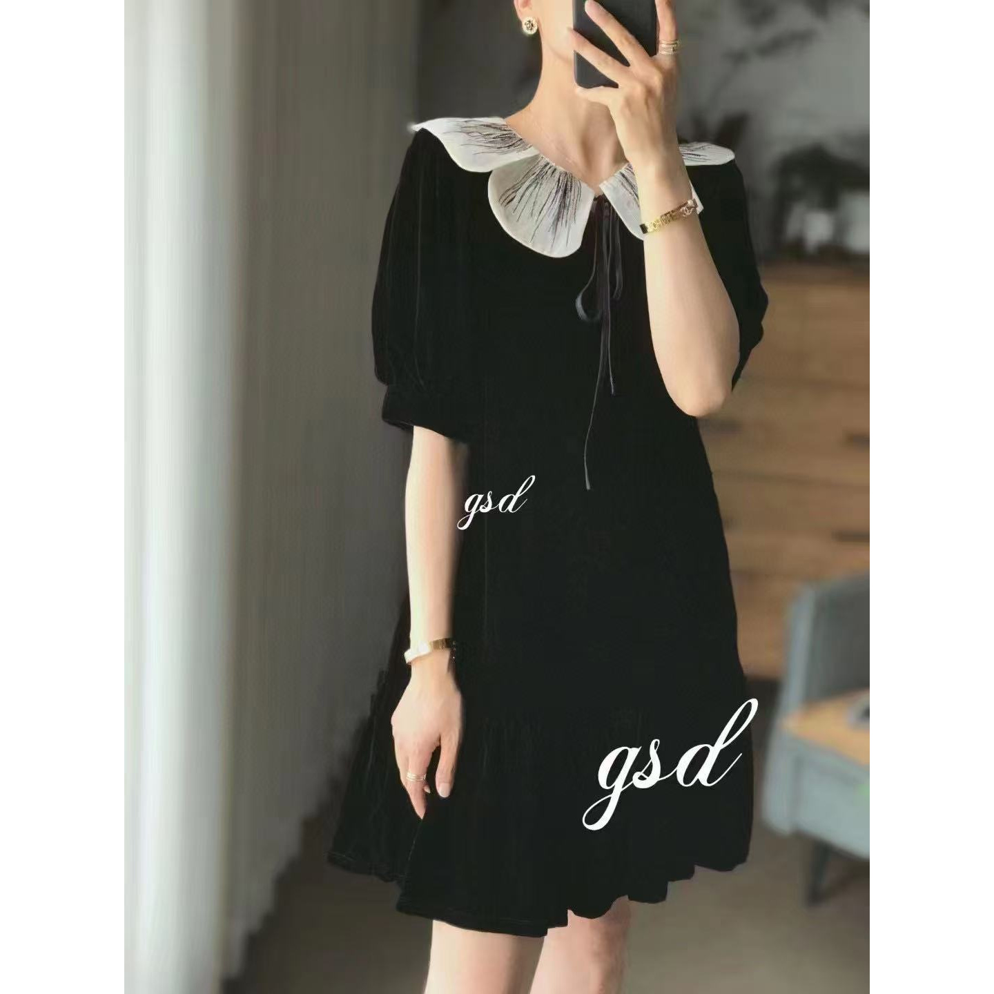 【丝芙玉禄】（S234）重磅100%真丝丝绒刺绣领小众丝绒连衣裙