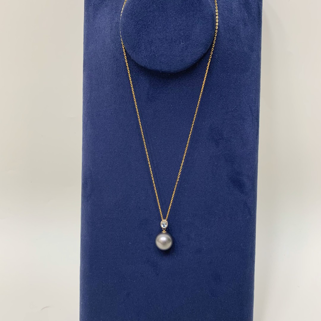 99新  【海珠】18k真钻海蓝宝大溪地珍珠11mm吊坠 0410