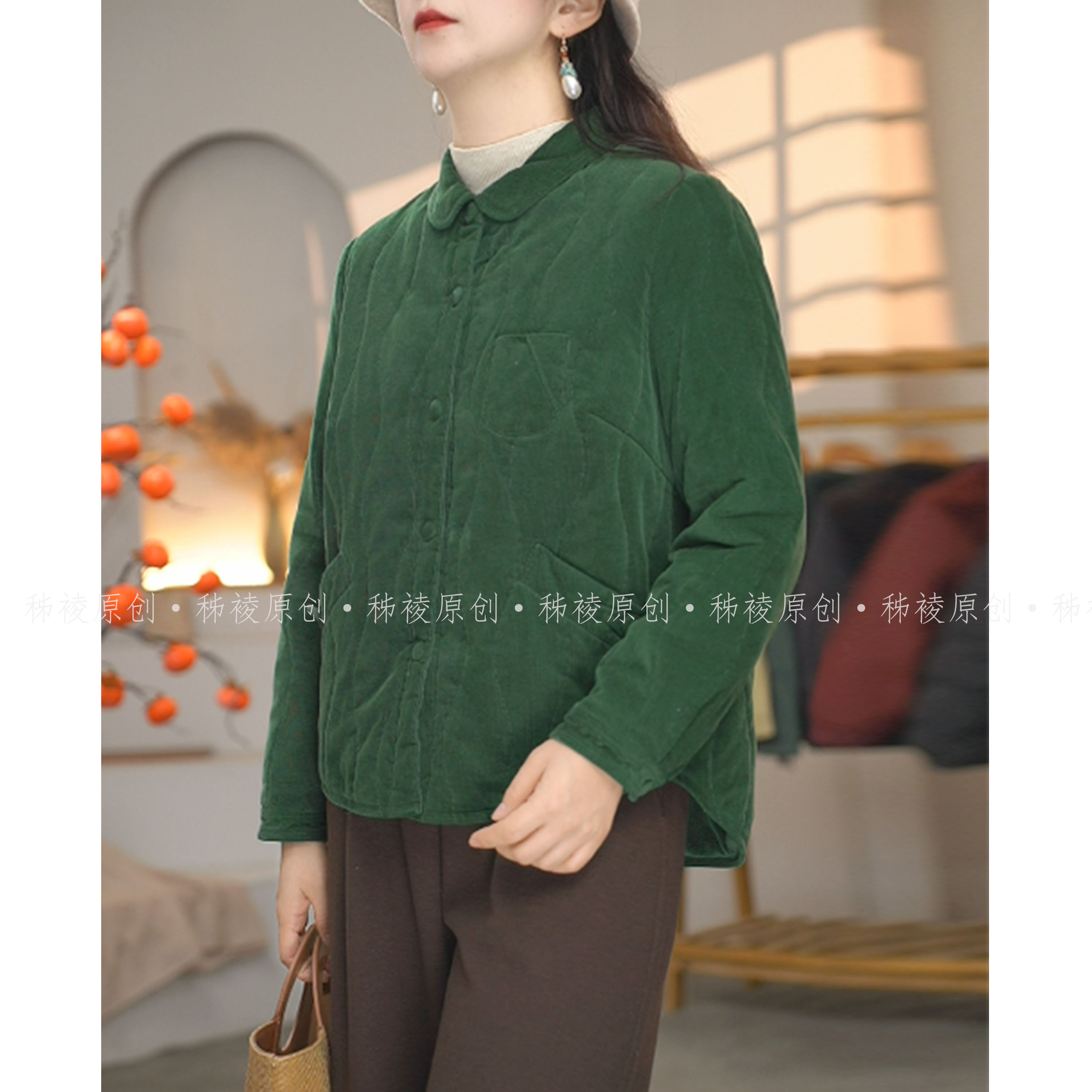 【秭裬 · 冬音 】100%羊毛填充外套保暖复古气质女百搭上衣 松林绿