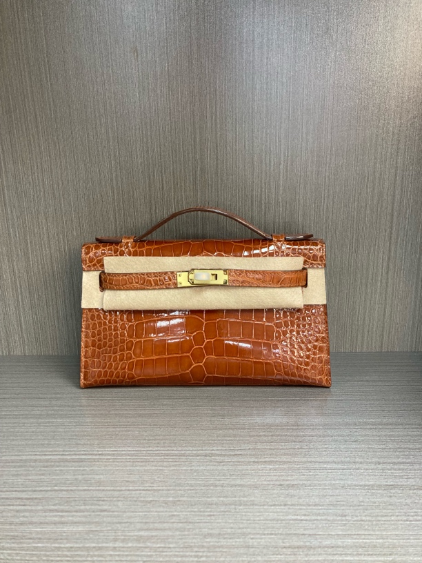 进口高光美洲鳄凯一代手缝蜡线单肩斜挎手拿包晚宴包