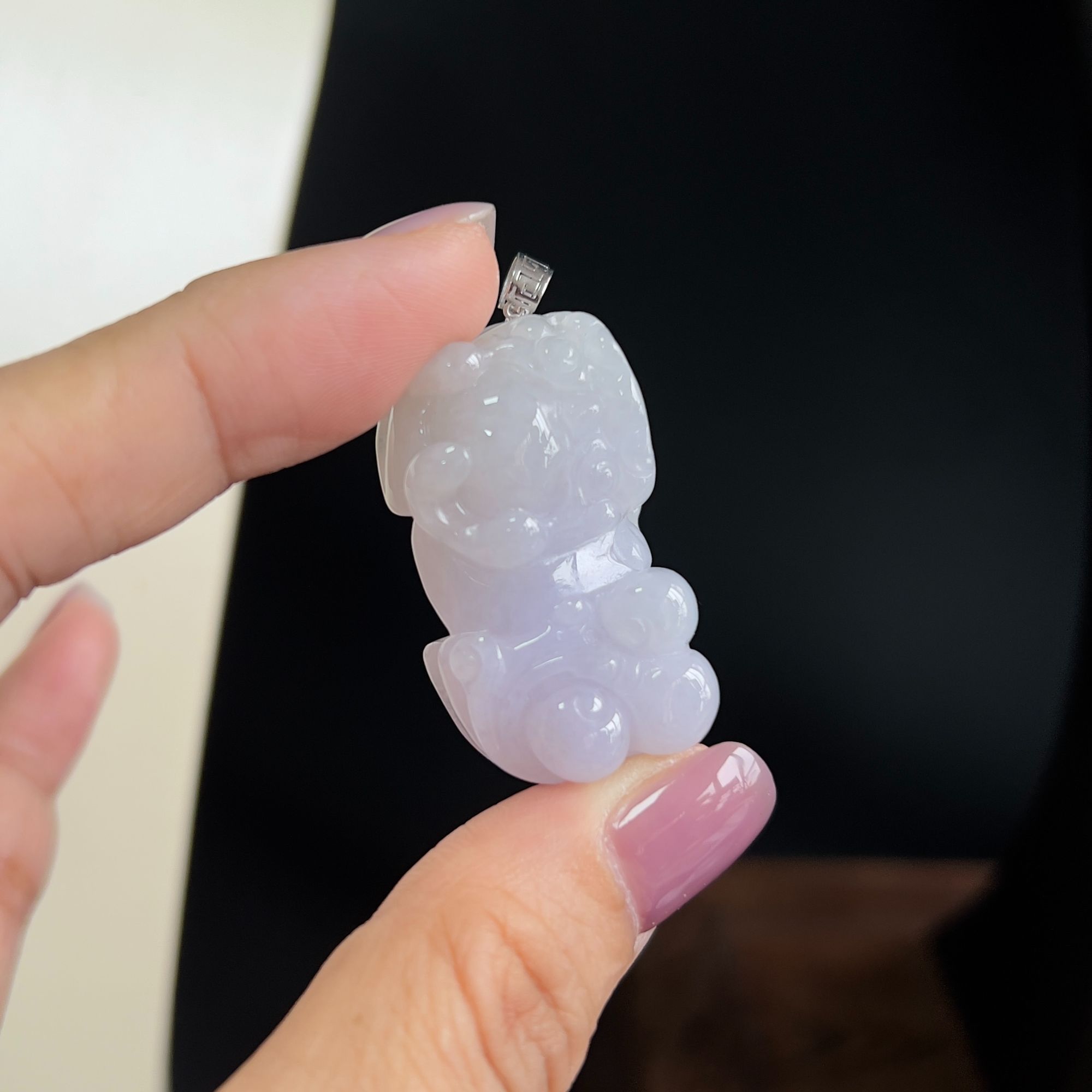 缅甸翡翠A货霸王貔貅紫罗18K白金气质女款雕刻精雕天然粉2867