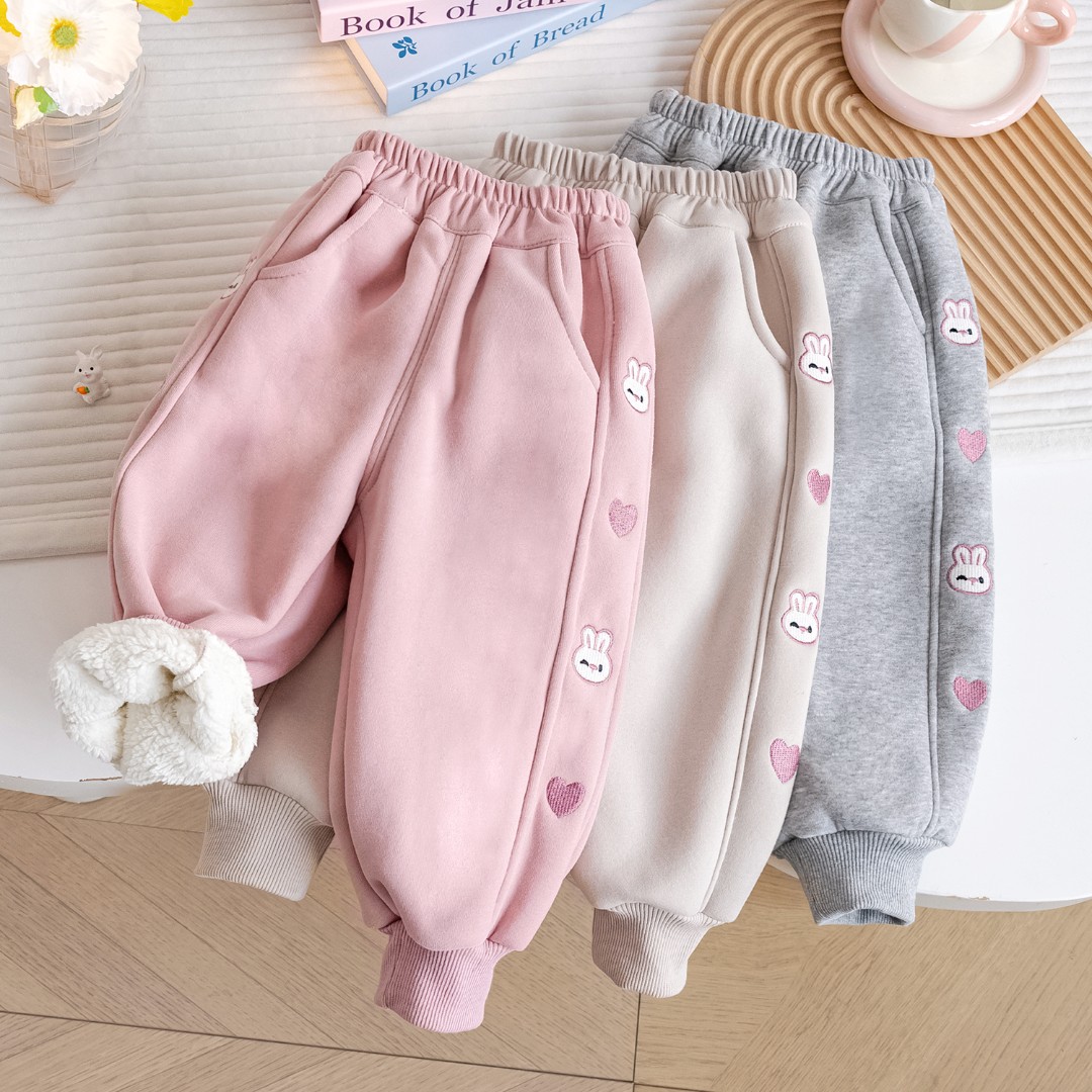 女童一体绒冬季新款洋气加绒保暖裤2025卡通小兔外搭束脚运动长裤