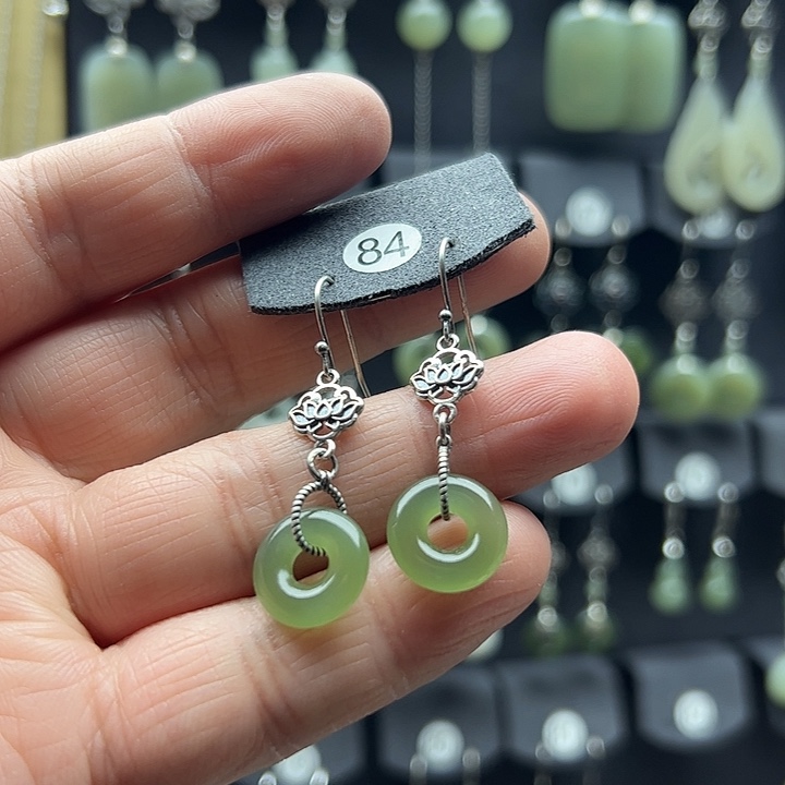 和田玉耳饰银S925镶嵌