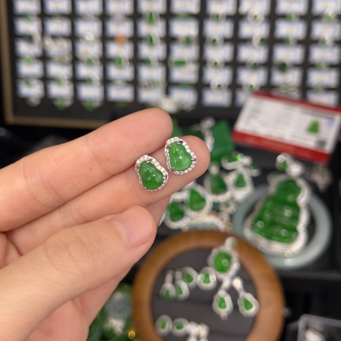 翡翠戒指银S925镶嵌葫芦耳钉