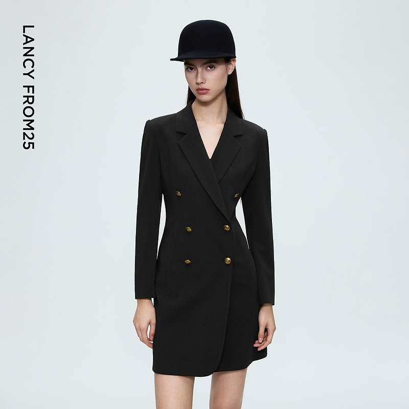 朗姿复古双排扣平驳领西装连衣裙高级感通勤气质2025年冬季新款女