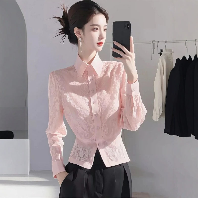 POLO长袖白色蕾丝衬衫女春秋2025收腰显瘦洋气时尚衬衣上衣