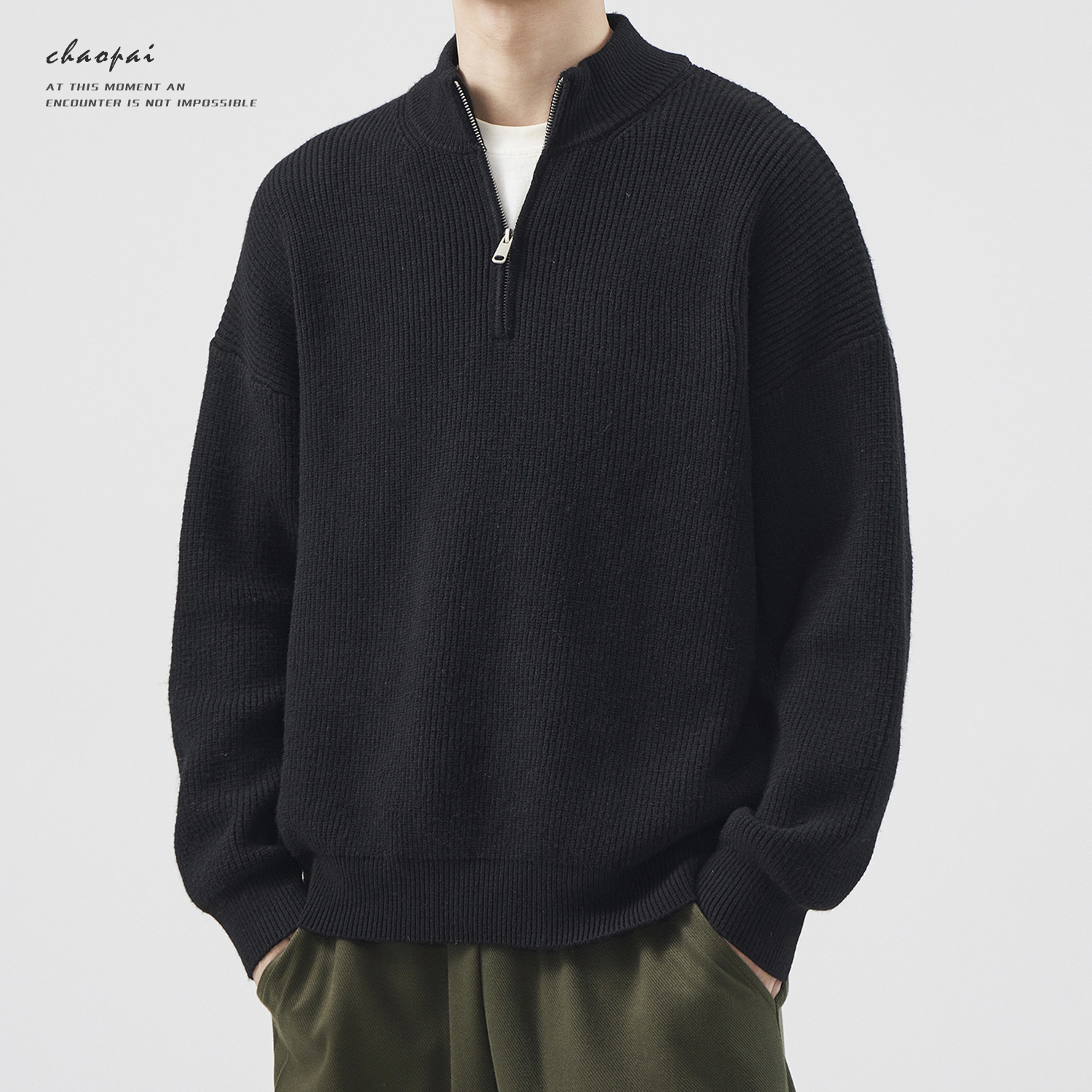 立领半拉链黑色毛衣男秋冬季加厚保暖内搭潮牌长袖半高领针织衫
