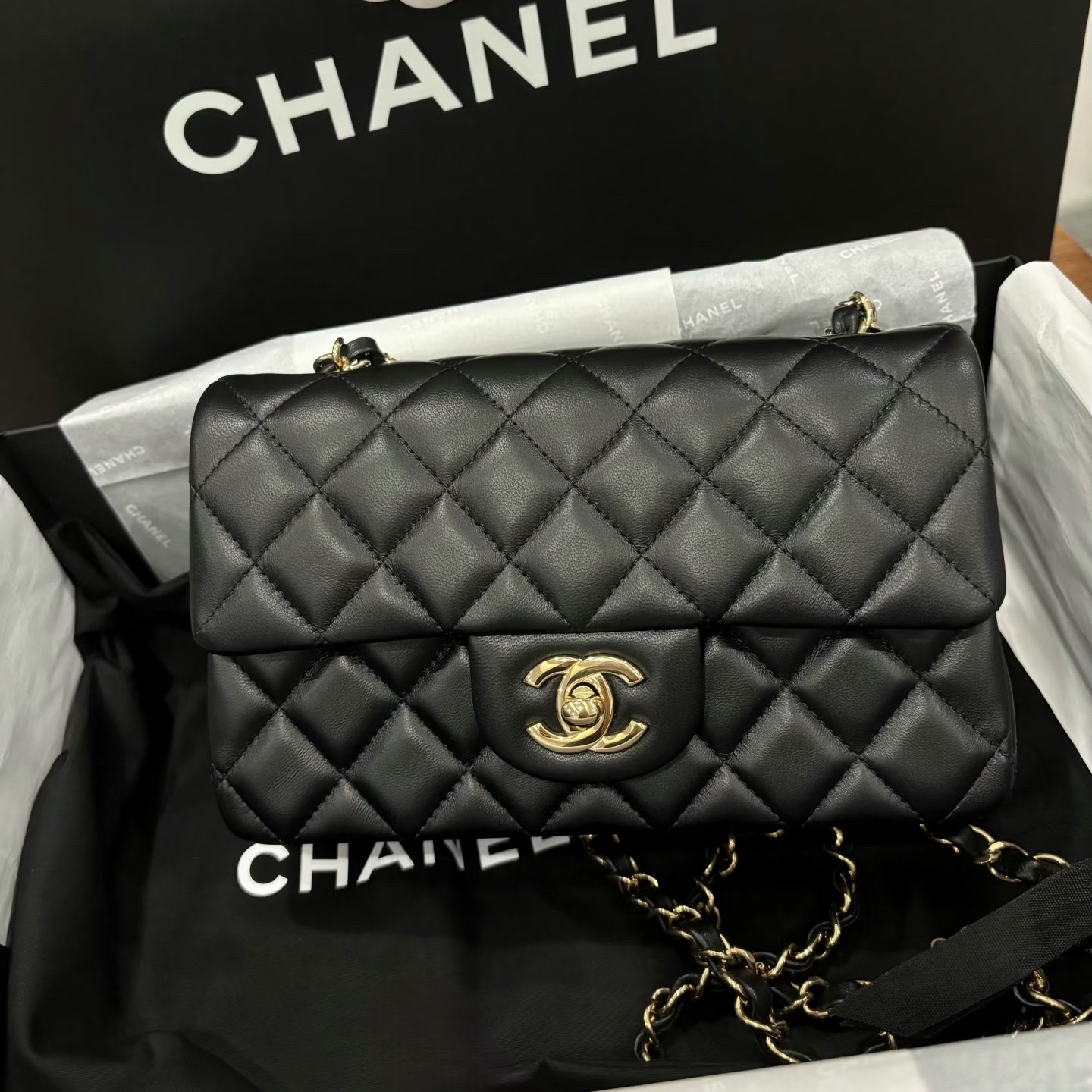 99新 Chanel/香奈儿  cf大mini黑色羊皮单肩包 芯片款/57712