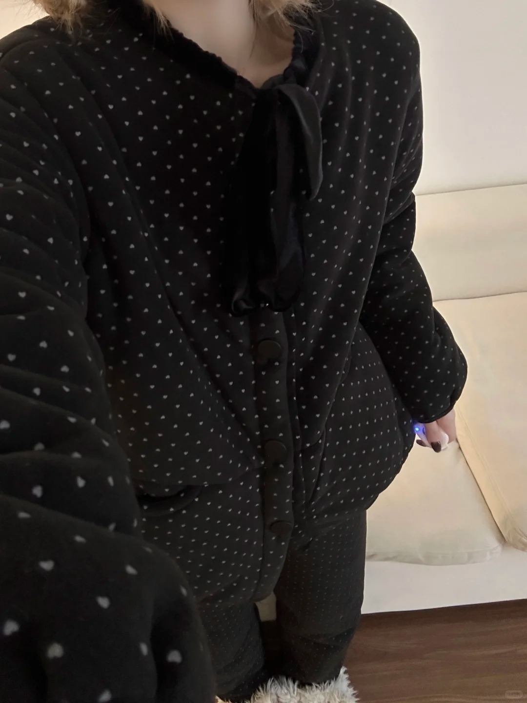 简约纯色波点三层夹棉睡衣女冬季新款加厚保暖家居服两件套可外穿