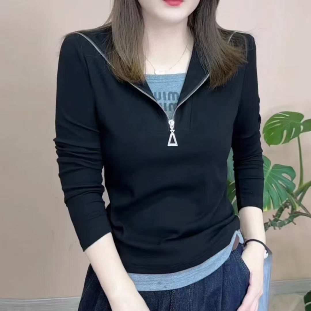 春秋长袖装女时尚洋气假两件宽松减龄女士早秋季打底百搭小衫